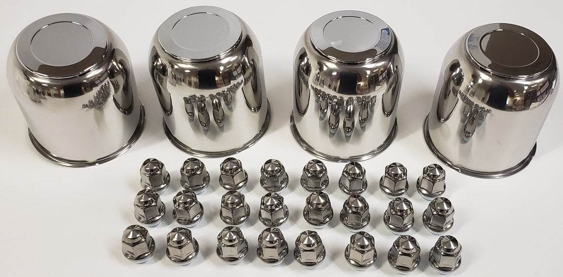 4 Trailer Wheel Lug and Cap Sets - Stainless Hub Cover 24 SS Lugs 4.25in. Center