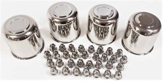 4 Trailer Wheel Lug and Cap Sets - Stainless Hub Cover 32 SS Lugs 4.90in. Center