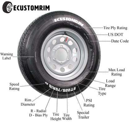 Eco Trailer Tire On Galvanized Rim ST215/75D14 Load C 5 Lug On 4.5 14x6 Wheel