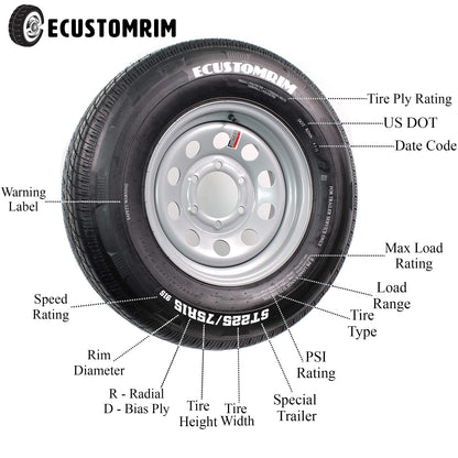 Trailer Tire On Rim 4.80-12 480-12 4.80 X 12 12 in. LRB 4 Lug White Wheel Spoke