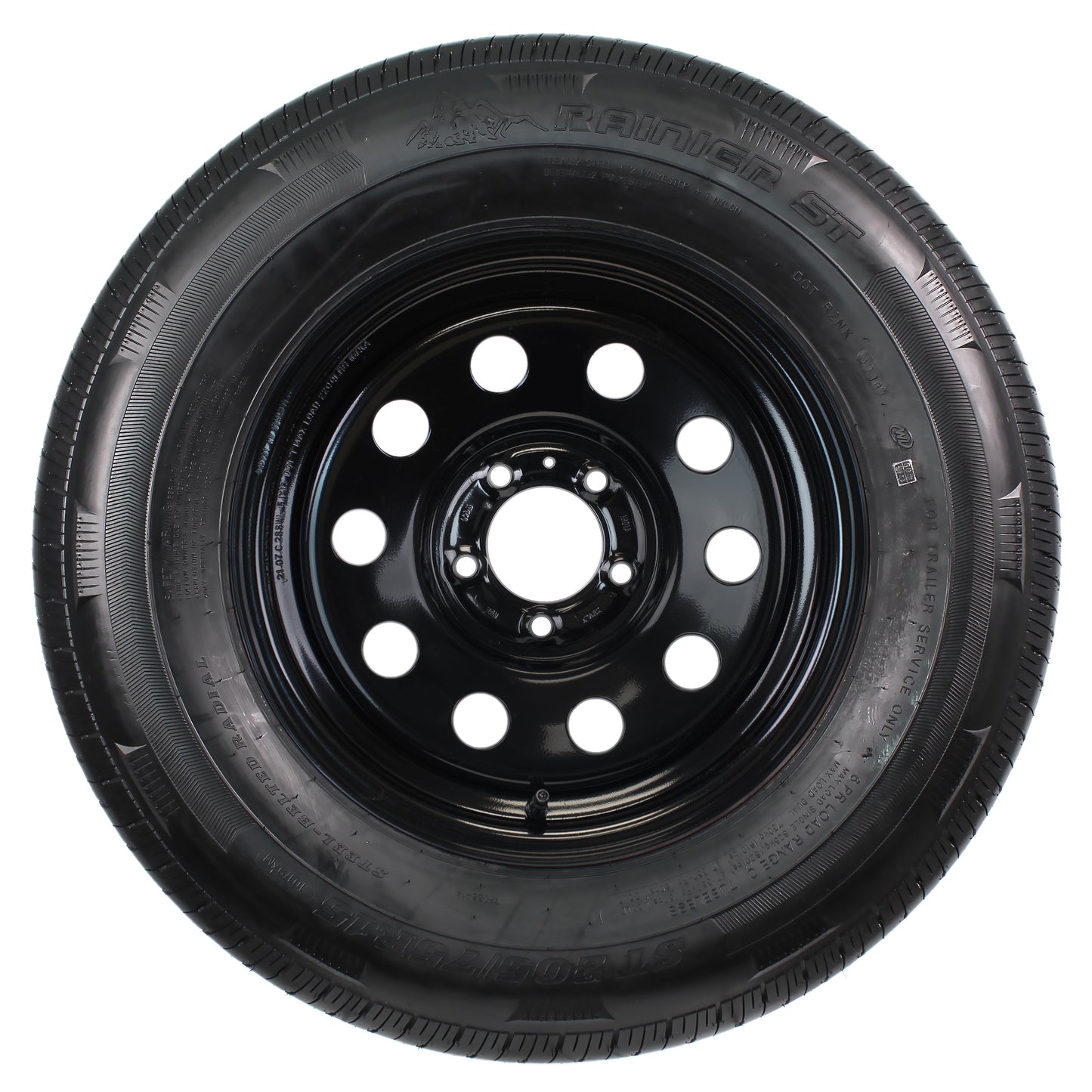 Radial Trailer Tire On Rim Rainier ST205/75R15 15X5 5-4.5 Black Modular Wheel