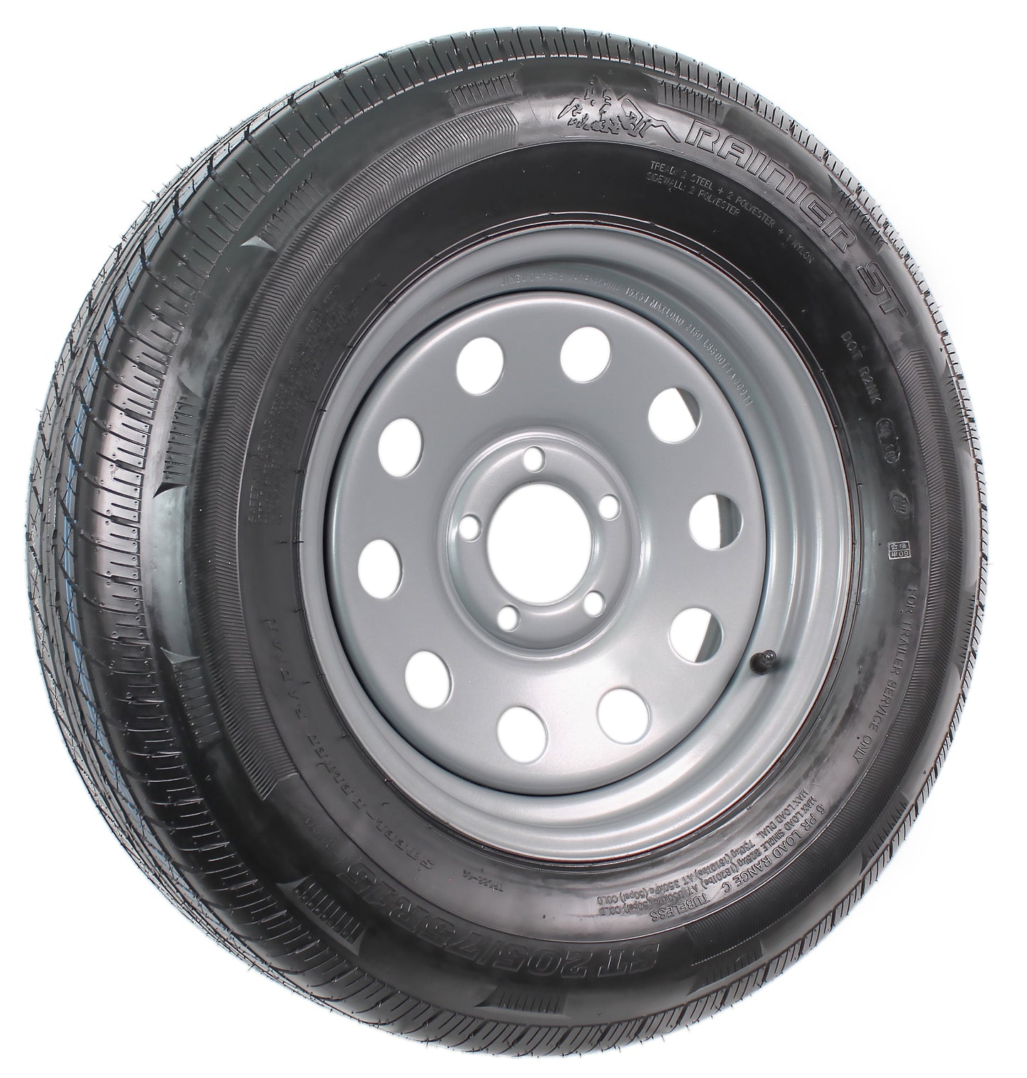 Radial Trailer Tire On Rim ST205/75R15 Load C 5 Lug Silver Modular Wheel